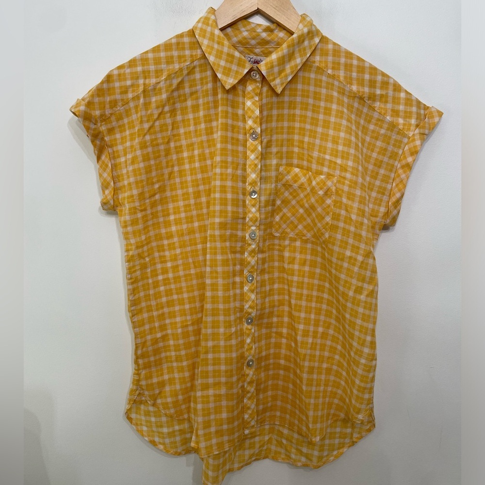 NWT Faherty Avery Short Sleeve Button Up Shirt 100% Cotton Yellow Plaid Womens S - Picture 2 of 10